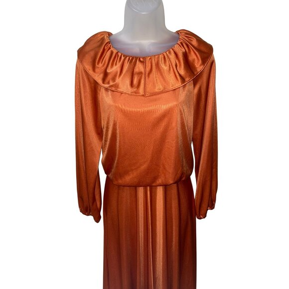 Vintage Handmade Gladys Burnt Orange Long Dress With Ruffle Collar & Elastic Cuf - Picture 7 of 8